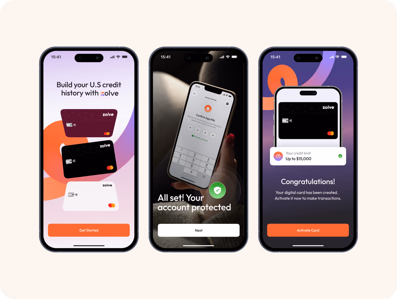 First: colorful credit card graphics, "Build your U.S credit history." Second: hand holding phone, "Account protected" with checkmark. Third: card image, "Congratulations! Upto $15,000 credit limit," encouraging activation.