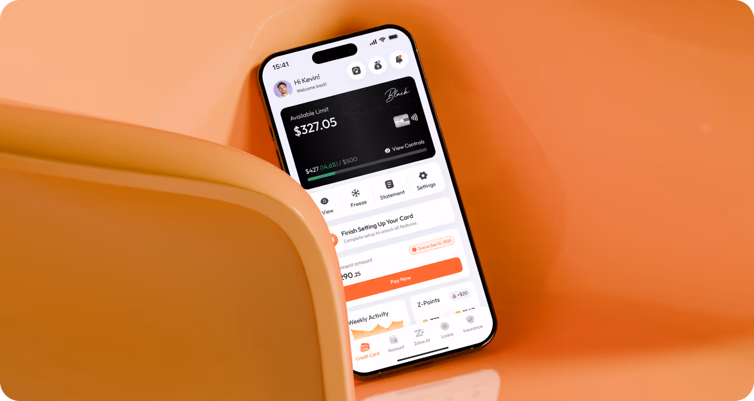 Smartphone displaying a finance app screen with a balance of $327.05, resting against a curved orange backdrop, conveying a modern, tech-savvy tone.