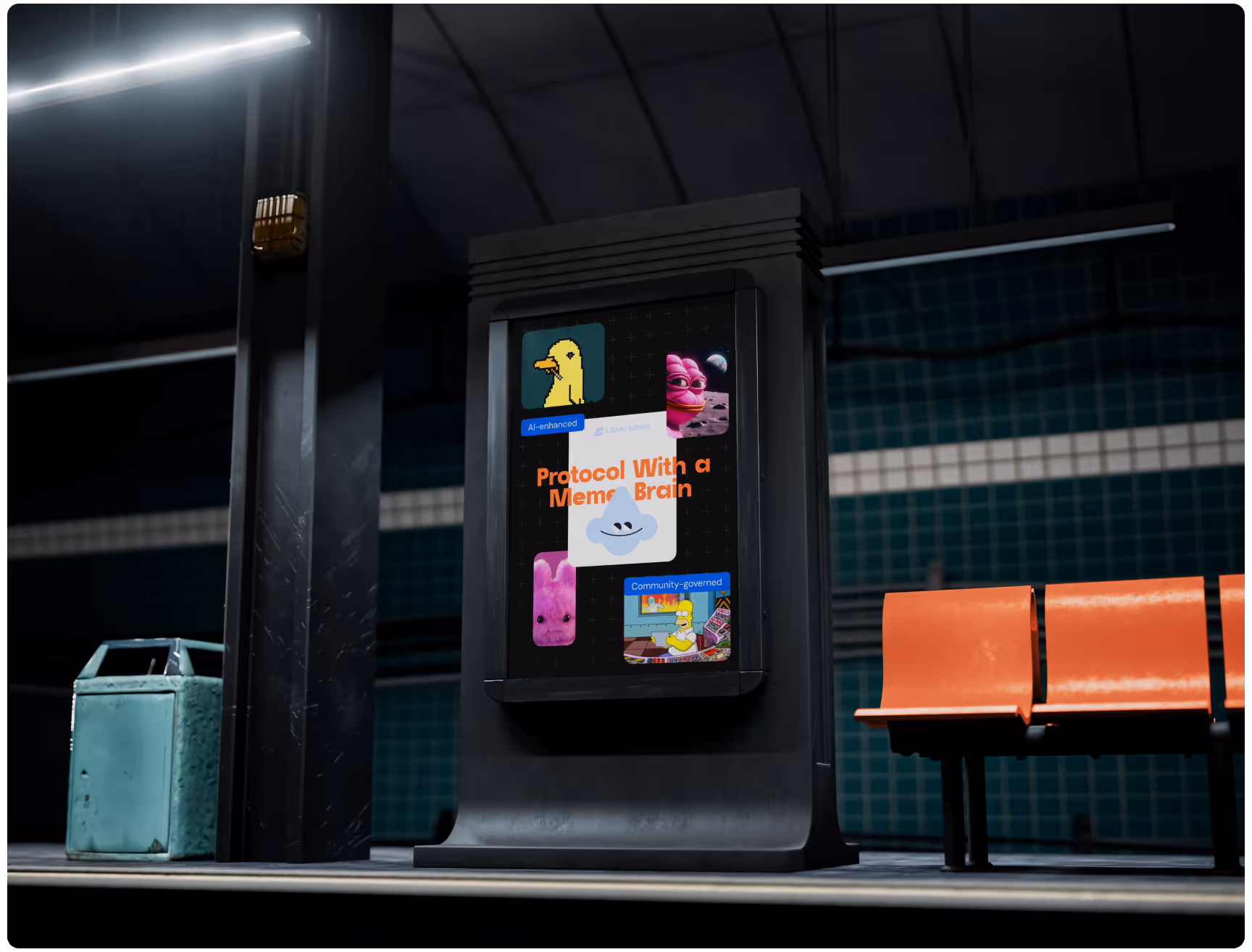 Three floating keys on a dark background: a blue key with "LIQUID," an orange key with a heart icon, and a light blue key with "MEME." Vibrant and modern.