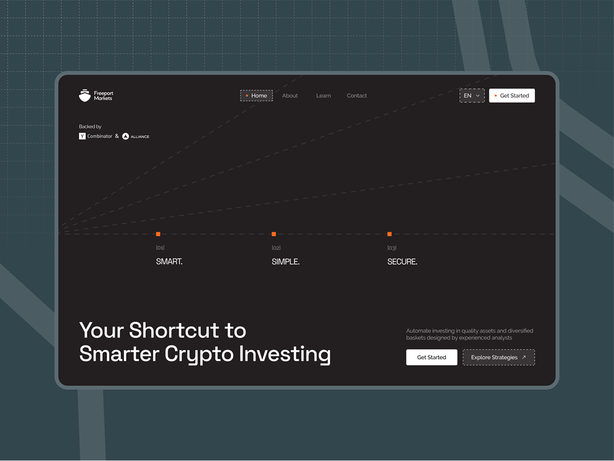 Dark-themed webpage for crypto investing with sections labeled "SMART," "SIMPLE," and "SECURE." Tagline: "Your Shortcut to Smarter Crypto Investing."