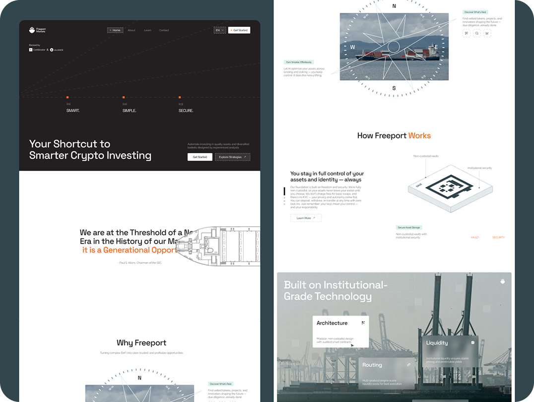 Website layout showcasing crypto investment platform "Freeport." The design emphasizes "Smart, Simple, Secure," with sections on new era investing. The tone is modern and professional.