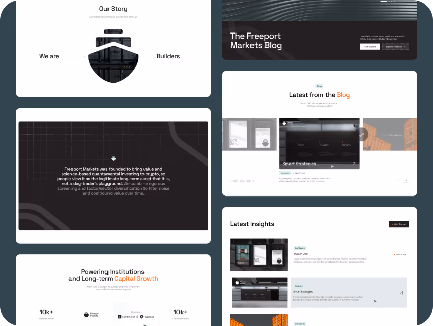 A webpage layout with sections featuring "Our Story," a blog, insights, and a focus on capital growth. Text highlights financial themes. Tone: professional.