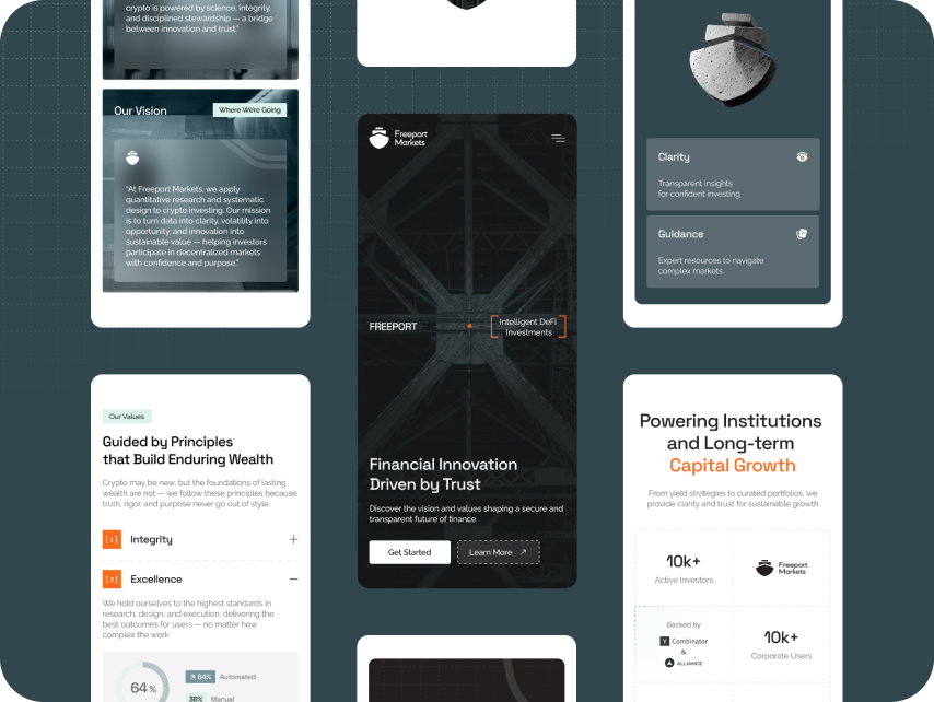 A collage of financial-themed digital screens showcases phrases like "Financial Innovation Driven by Trust" and "Guided by Principles." Black, white, and orange tones convey a professional and modern look. 