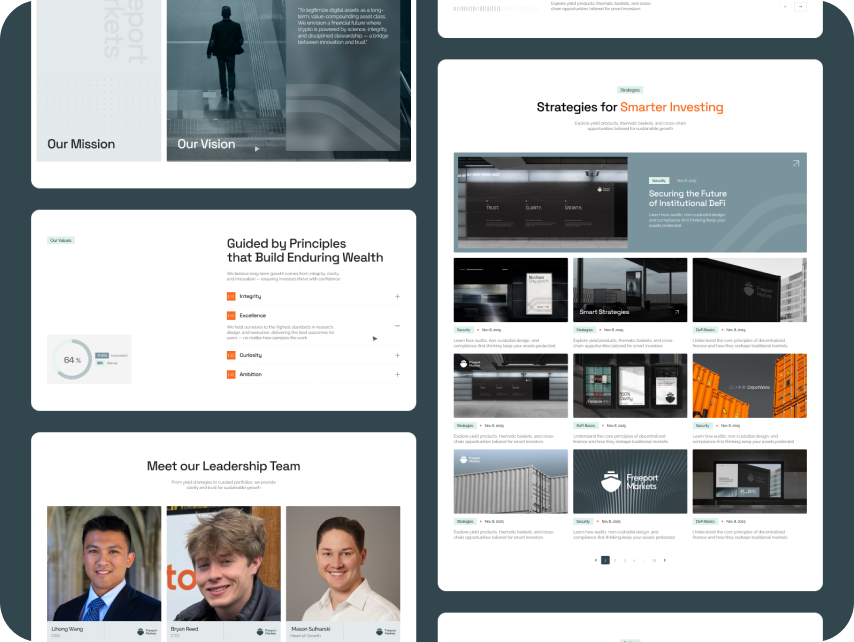 Corporate website layout showcasing sections titled "Our Mission," "Our Vision," investment strategies, principles of wealth, and leadership team portraits.