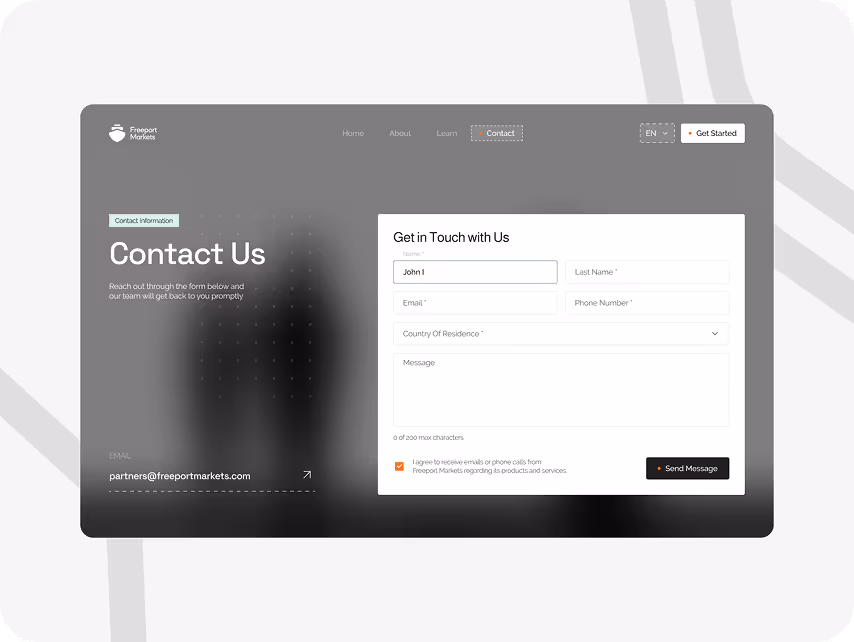 Contact Us webpage with a dark gradient background. Left side shows 'Contact Information' and email; right has a contact form for user details.
