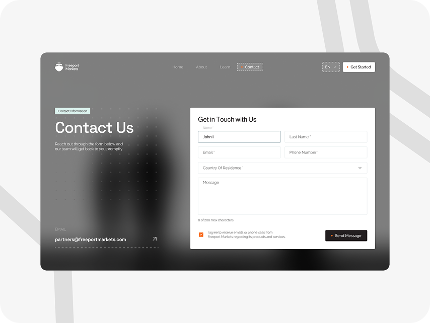 Contact Us webpage with a dark gradient background. Left side shows 'Contact Information' and email; right has a contact form for user details.