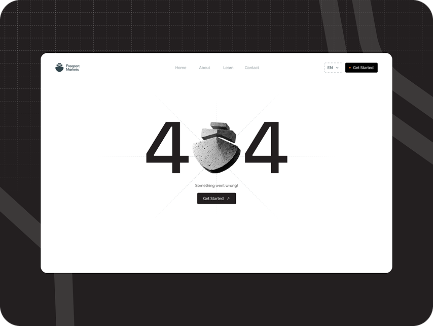 A minimalist 404 error page with large black numbers and abstract shapes in the center. The design conveys a clean, modern aesthetic. A "Get Started" button and navigation links are visible on a white background.