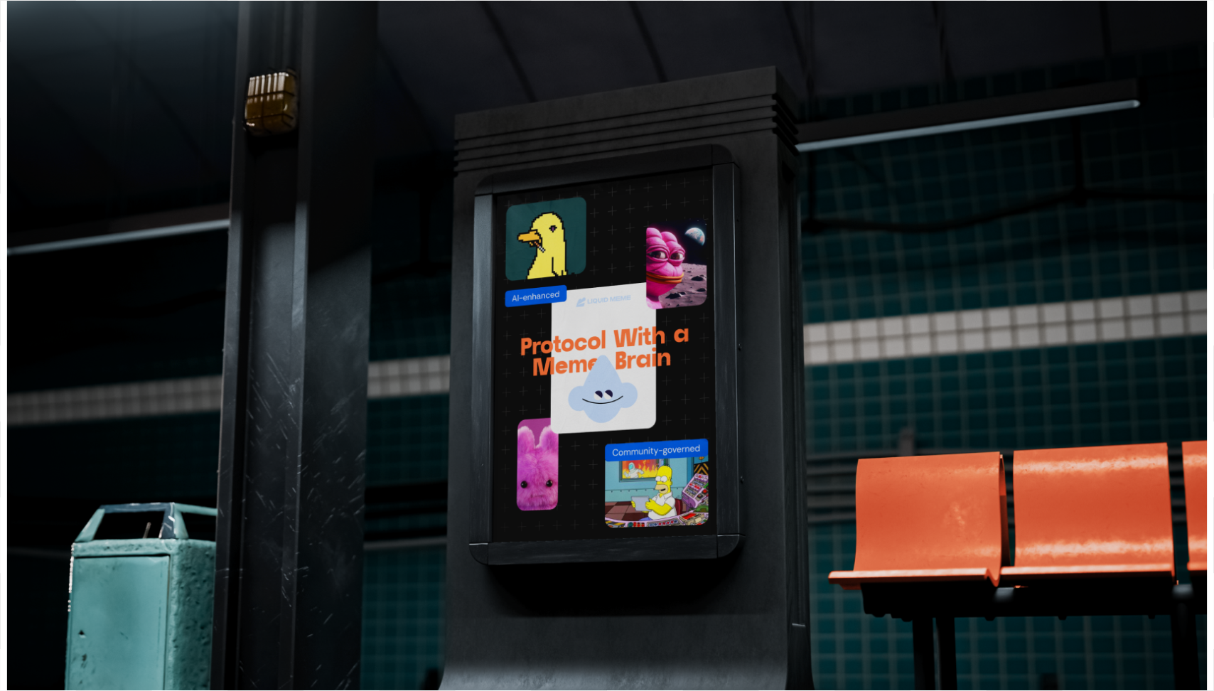 Three floating keys on a dark background: a blue key with "LIQUID," an orange key with a heart icon, and a light blue key with "MEME." Vibrant and modern.