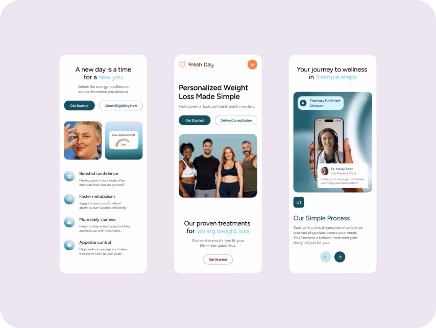 Three mobile screens display a weight loss app interface. Left: Features include boosted confidence, faster metabolism. Center: Diverse individuals promote "Personalized Weight Loss Made Simple." Right: User journey depicted in "3 simple steps" including a