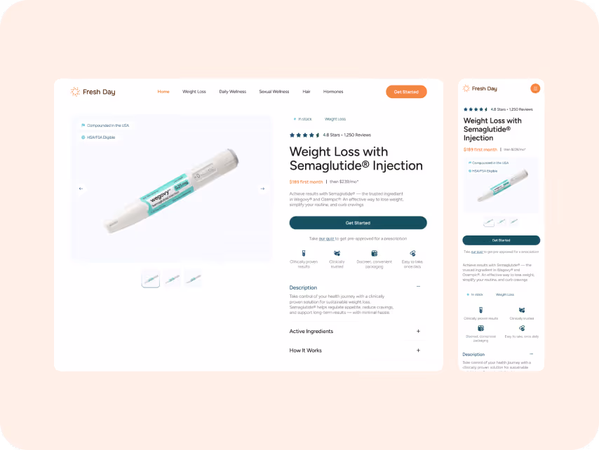 Webpage displaying a weight loss product, Semaglutide Injection. Features a pen injector, pricing details, reviews, and a 'Get Started' button. The design is clean and professional with a focus on health and wellness.