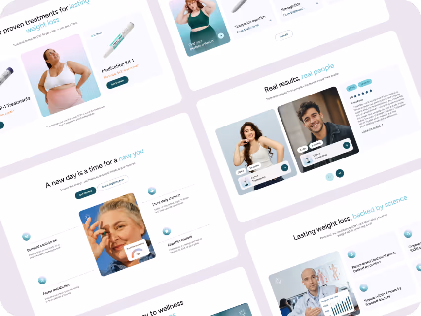 Website layout showcasing weight loss treatments with real people testimonials. Includes images of happy individuals, medication kits, and scientific backing. Tone is encouraging and supportive.