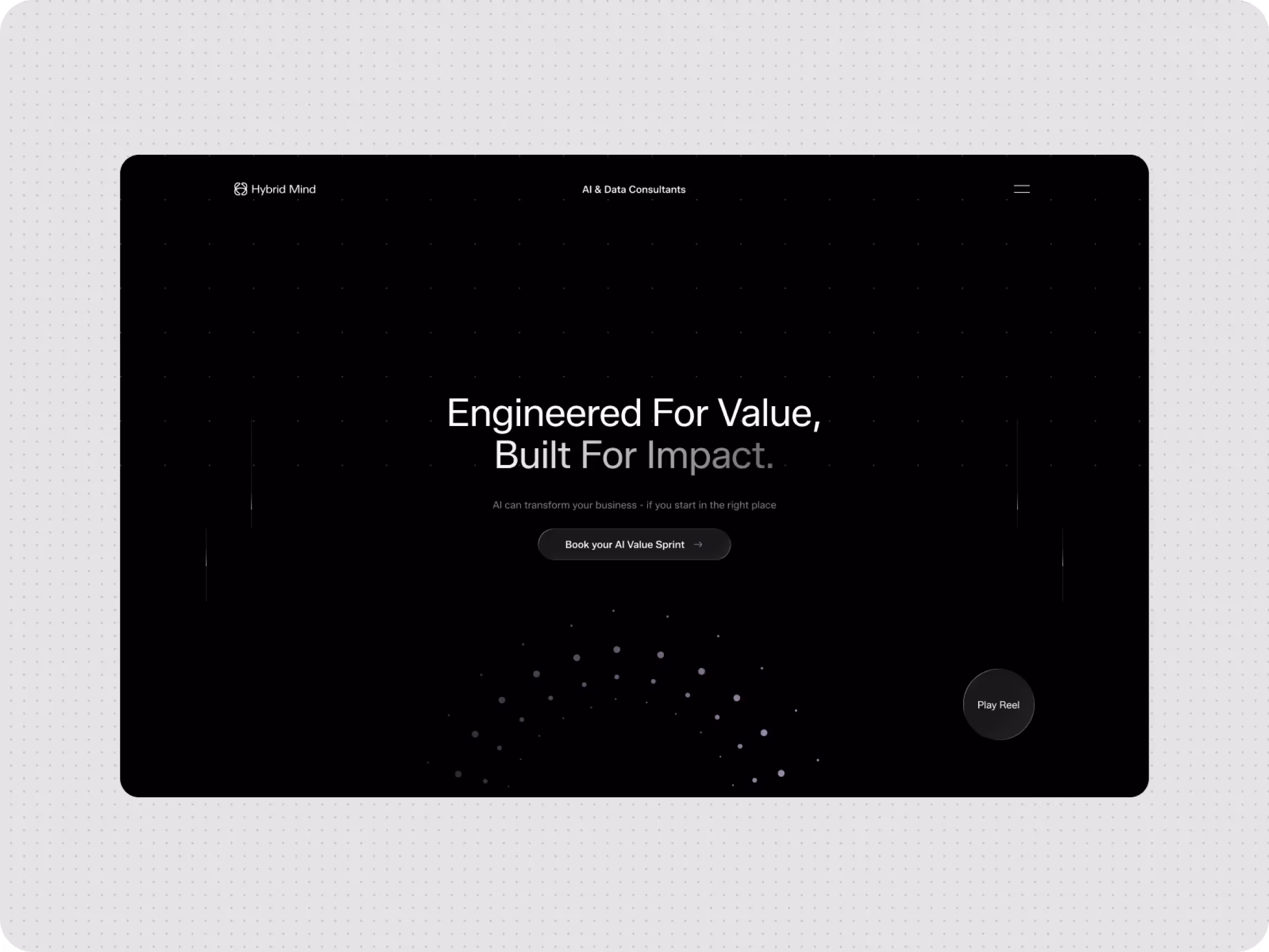 Webpage with black background featuring the text "Engineered For Value, Built For Impact." A "Book your AI Value Sprint" button is centered below. Elegant and modern design.