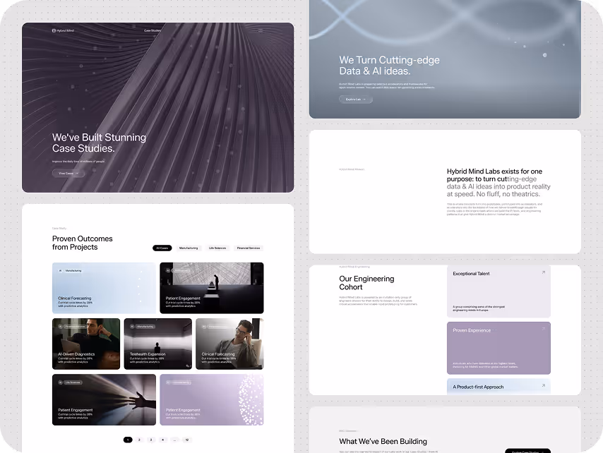 Split-screen website design showcasing data and AI solutions. Left: bold graphics with text on case studies. Right: minimal text-focused sections. Professional tone.
