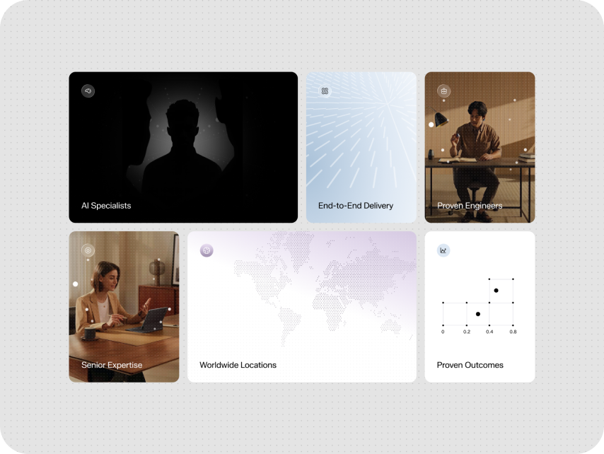 Grid displaying six panels: silhouettes labeled "AI Specialists," a person working titled "Proven Engineers," a woman on a laptop "Senior Expertise," light rays "End-to-End Delivery," a world map "Worldwide Locations," and a graph "Proven Outcomes." 