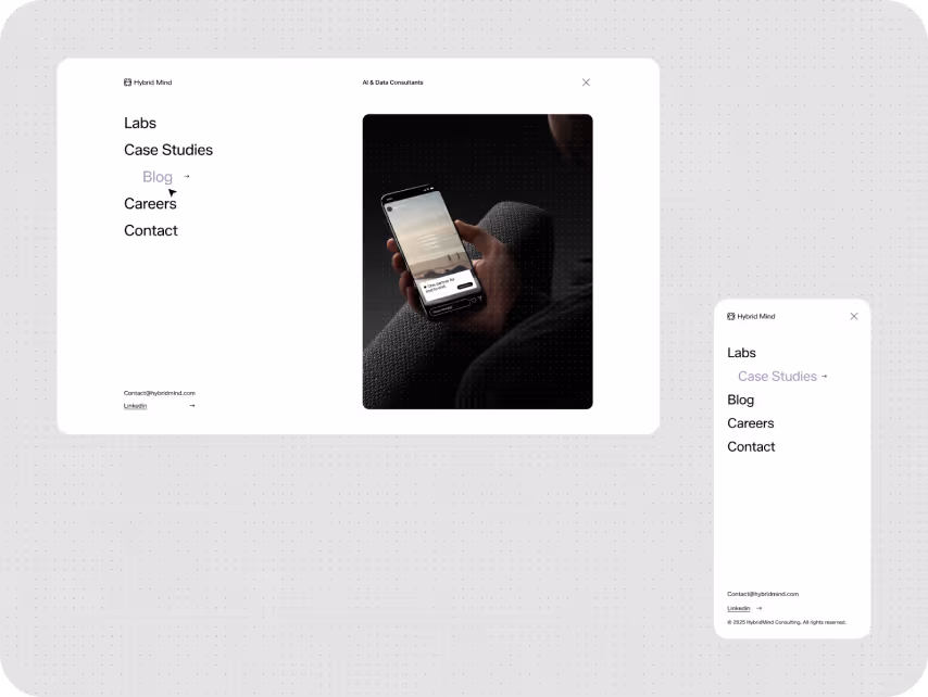 A minimalist website design shows a sidebar menu on the left with options like Labs, Case Studies, Blog, Careers, and Contact. In the center, a person holds a smartphone with a blurred app screen, suggesting a tech or consulting theme. On the right, a comp