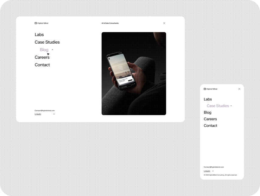 A minimalist website design shows a sidebar menu on the left with options like Labs, Case Studies, Blog, Careers, and Contact. In the center, a person holds a smartphone with a blurred app screen, suggesting a tech or consulting theme. On the right, a comp