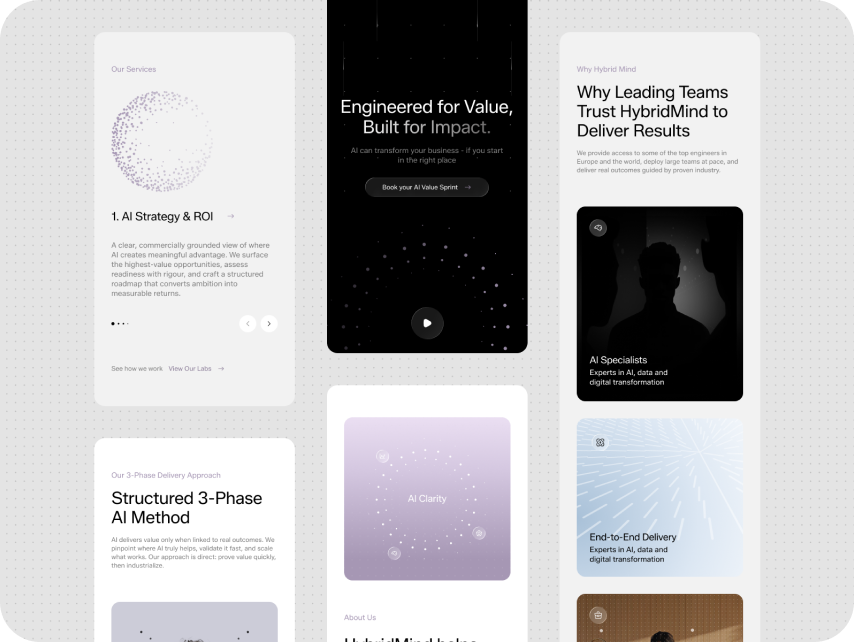 A modern, structured web layout featuring sections on AI strategy, clarity, and delivery. White and black backgrounds with circular digital graphics. Tone: professional.