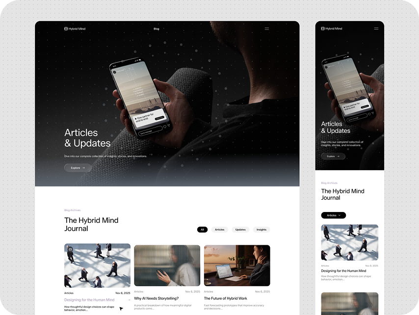 Stylish blog page featuring "Articles & Updates," a person holding a smartphone, and previews of articles titled "Designing for the Human Mind" and others. Sleek, modern design.
