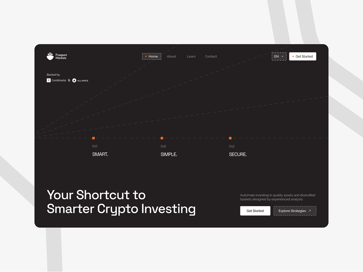 Dark-themed webpage for crypto investing with sections labeled "SMART," "SIMPLE," and "SECURE." Tagline: "Your Shortcut to Smarter Crypto Investing."