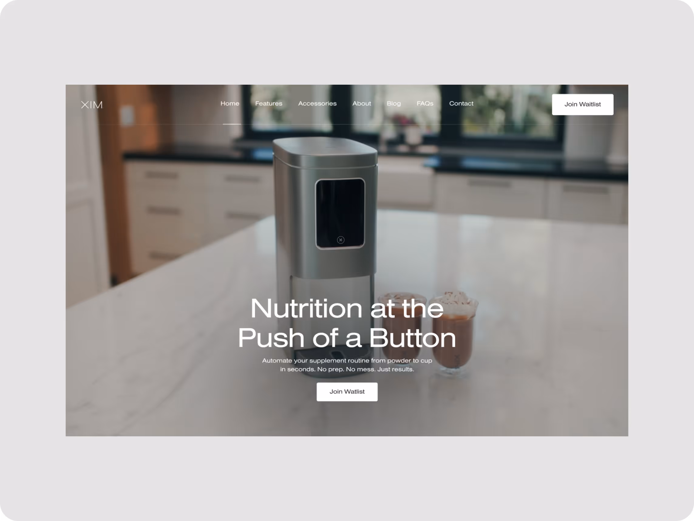 A sleek, stainless steel appliance on a marble countertop with a shake beside it. Text reads: "Nutrition at the Push of a Button." Cozy kitchen background.