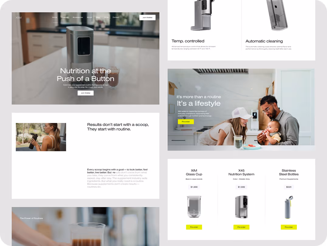Modern kitchen appliance webpage featuring a sleek gray nutrition dispenser. Various sections highlight features like temperature control and automatic cleaning, as well as a family enjoying a routine with the product. Promotional text emphasizes ease and 