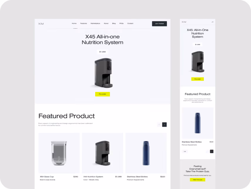 Mockup of a sleek webpage showcasing the "X45 All-in-one Nutrition System." Central gray product image, labeled price, with minimalist design.