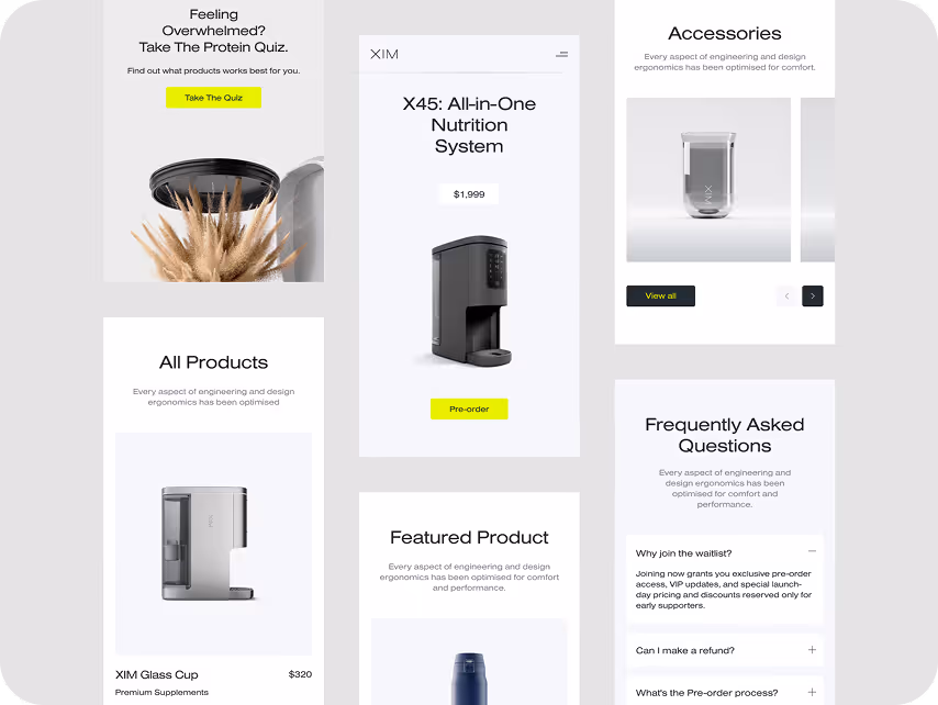 A modern webpage layout showcasing a nutrition system. Central black device image labeled "X45: All-in-One Nutrition System" priced at $1,999. Surrounding sections feature products, FAQs, and a call-to-action for a quiz.