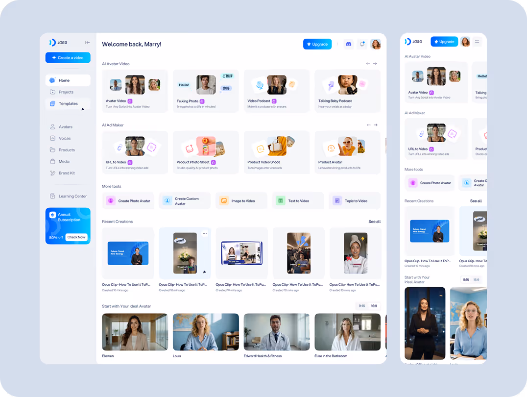A digital dashboard displaying video creation tools and templates. Key sections include AI Avatar Video, AI Ad Maker, and recent creations. The sidebar offers navigation links like Home and Projects.