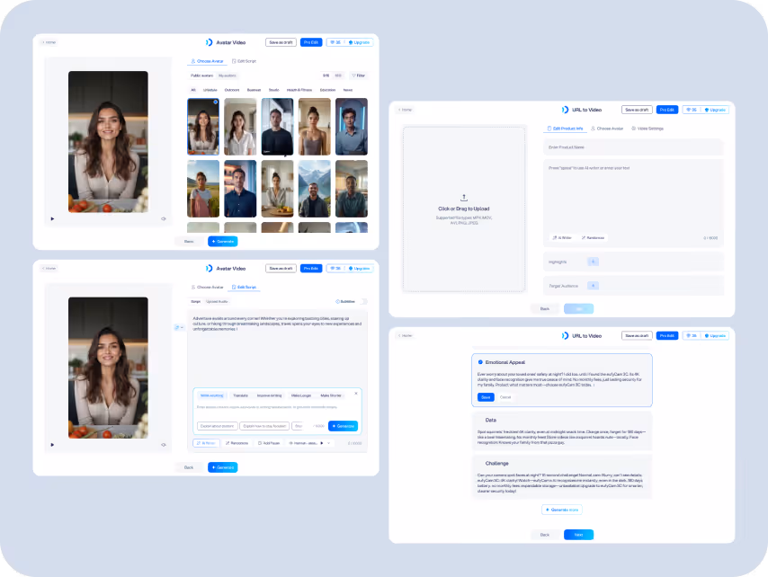 User interface layout showing AI avatar creation screens. Top-left features a smiling woman in a video frame. Right side displays options for uploading and managing video link content.