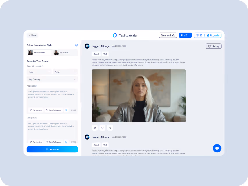 A computer interface showing an avatar creation tool. The screen displays settings like avatar style and appearance selection. An image of a woman with blonde hair and a metallic jacket is at the center.