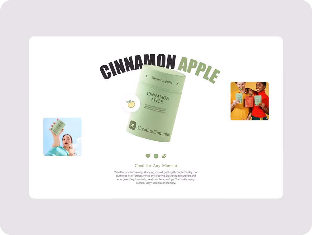 A green container labeled "Cinnamon Apple Creatine Gummies" is centered with large text. Two small images feature people holding the product, looking joyful. The tone is fresh and vibrant.
