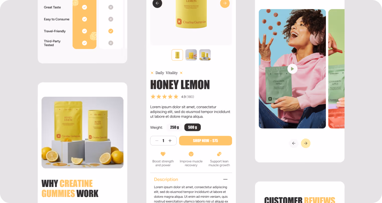 Product webpage for Honey Lemon creatine gummies. Features product image, benefits like great taste and easy to consume, and a playful woman with headphones. The tone is vibrant and informative.