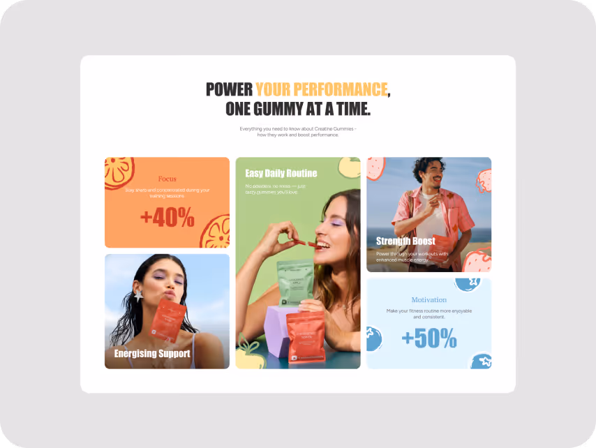 A promotional image showcases diverse individuals enjoying colorful gummy packs, highlighting benefits like focus, energy, strength, and motivation improvements.