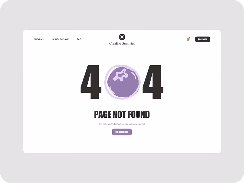 404 page for "Creatine Gummies" with bold, black numbers and a purple design in the center. Navigation links and a "Go to Home" button are visible.