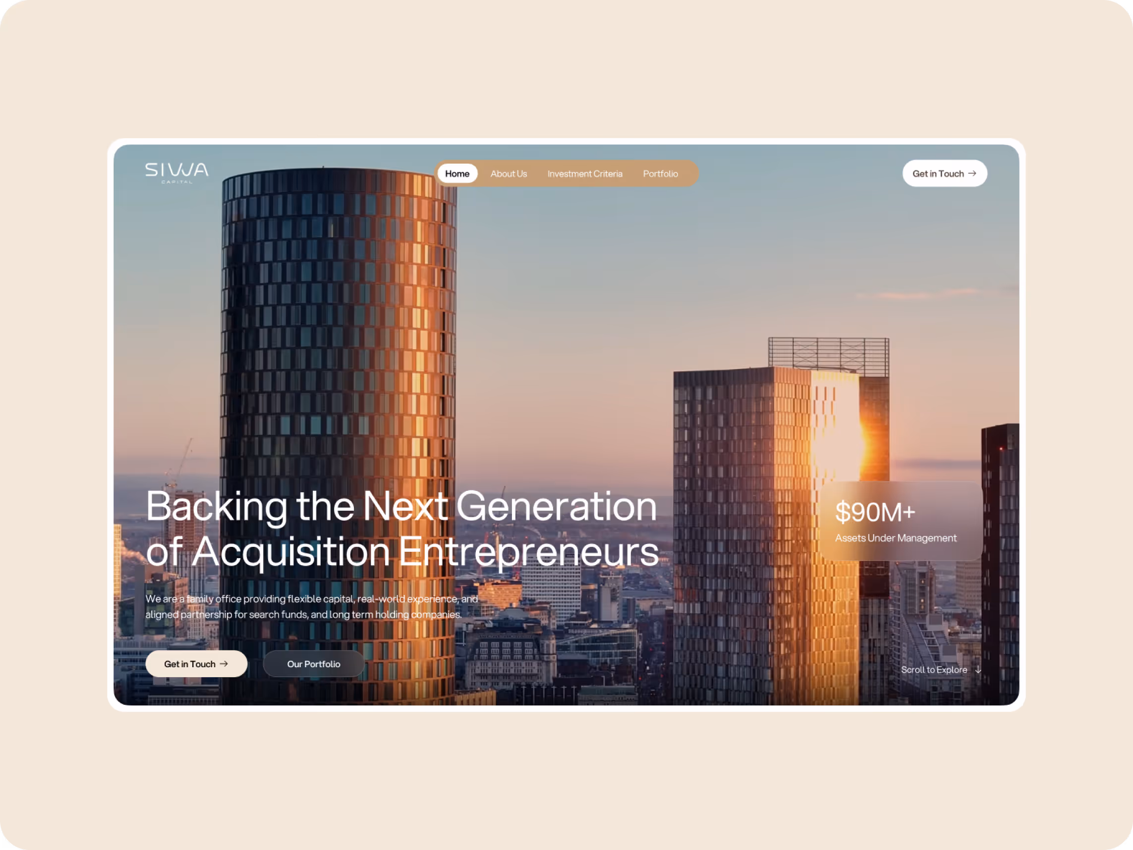 A modern city skyline at sunset with text overlay. It reads "Backing the Next Generation of Acquisition Entrepreneurs" and "$90M+ Assets Under Management."