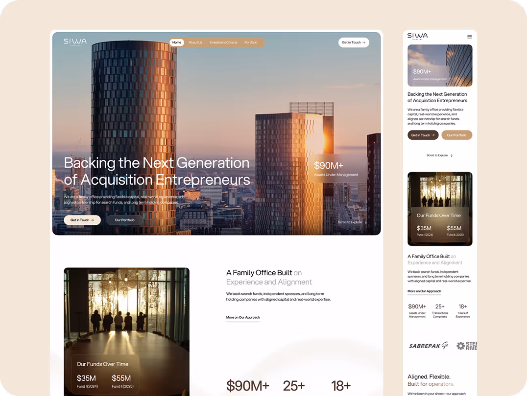 Website homepage for SIWA, featuring modern cityscape with skyscrapers at sunset, highlighting 'Backing the Next Generation of Acquisition Entrepreneurs' message. Overlaid text notes '$90M+ Assets Under Management'. Sections include financial statistics, c