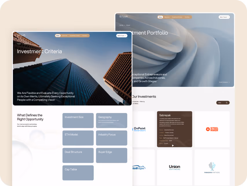 A website mockup featuring two overlapping pages. The first page has the title "Investment Criteria" with an upward view of skyscrapers, conveying ambition and growth. Below are sections like "Investment Size" and "Geography." The second page is titled "In