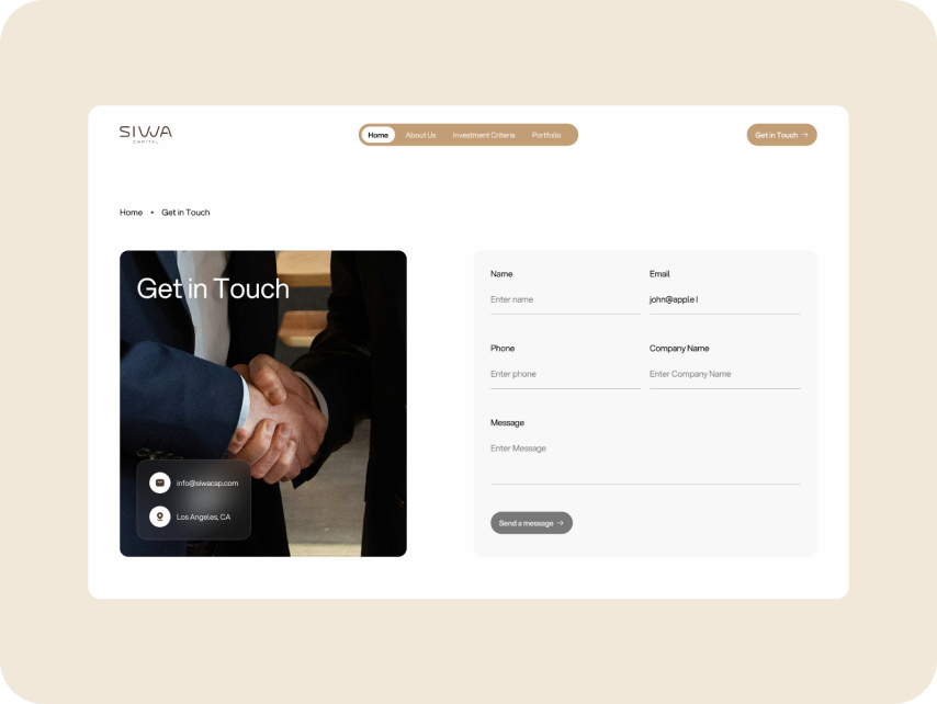 Web page with a "Get in Touch" section. Left side shows two people shaking hands, symbolizing collaboration. Right side has a contact form.