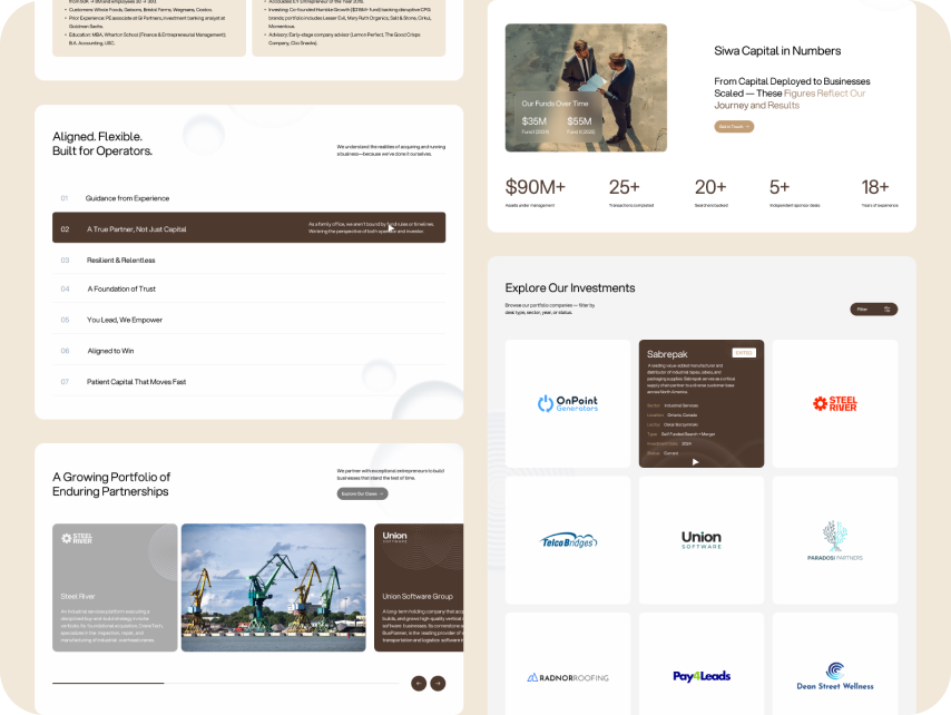 Collage of business statistics and investment portfolio. Includes a growth chart, partnership logos, and a $90M+ investment figure. Professional tone.