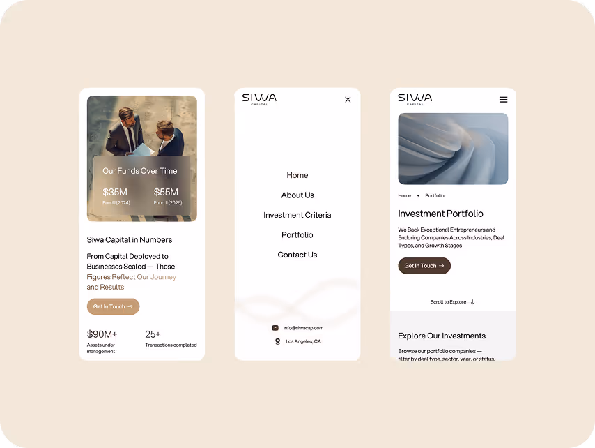 Three mobile app screens from Siwa Capital on a light beige background. The first screen displays investment fund figures, the second is a menu with options like 'Home' and 'Contact Us,' and the third showcases an 'Investment Portfolio' with a modern abstr