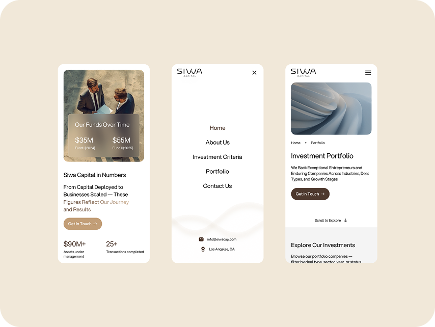 Three mobile app screens from Siwa Capital on a light beige background. The first screen displays investment fund figures, the second is a menu with options like 'Home' and 'Contact Us,' and the third showcases an 'Investment Portfolio' with a modern abstr