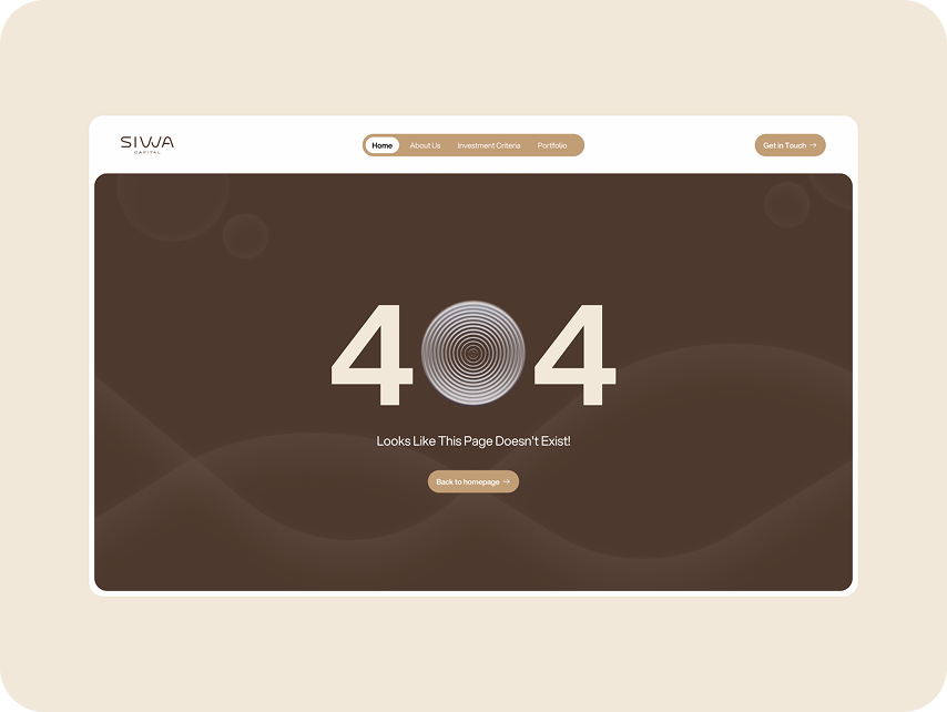 404 error page with dark brown background and wavy patterns. Bold numbers '404' are centered, suggesting the page is unavailable. Top navigation bar includes "Home," "About Us," "Investment Criteria," and "Portfolio." 