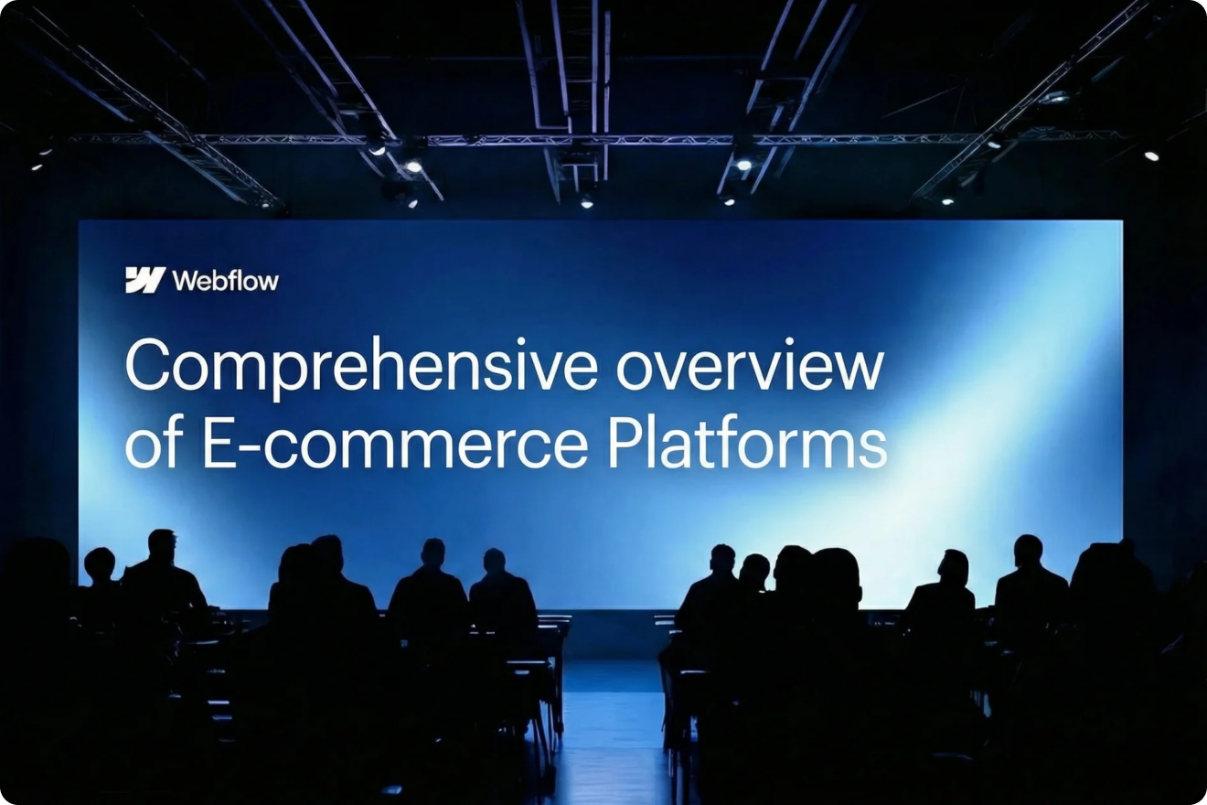 Billboard with text "Driving Sales: Why Webflow Is the Best Choice for E-commerce Websites," featuring arrows, a shopping bag, and graph symbols.
