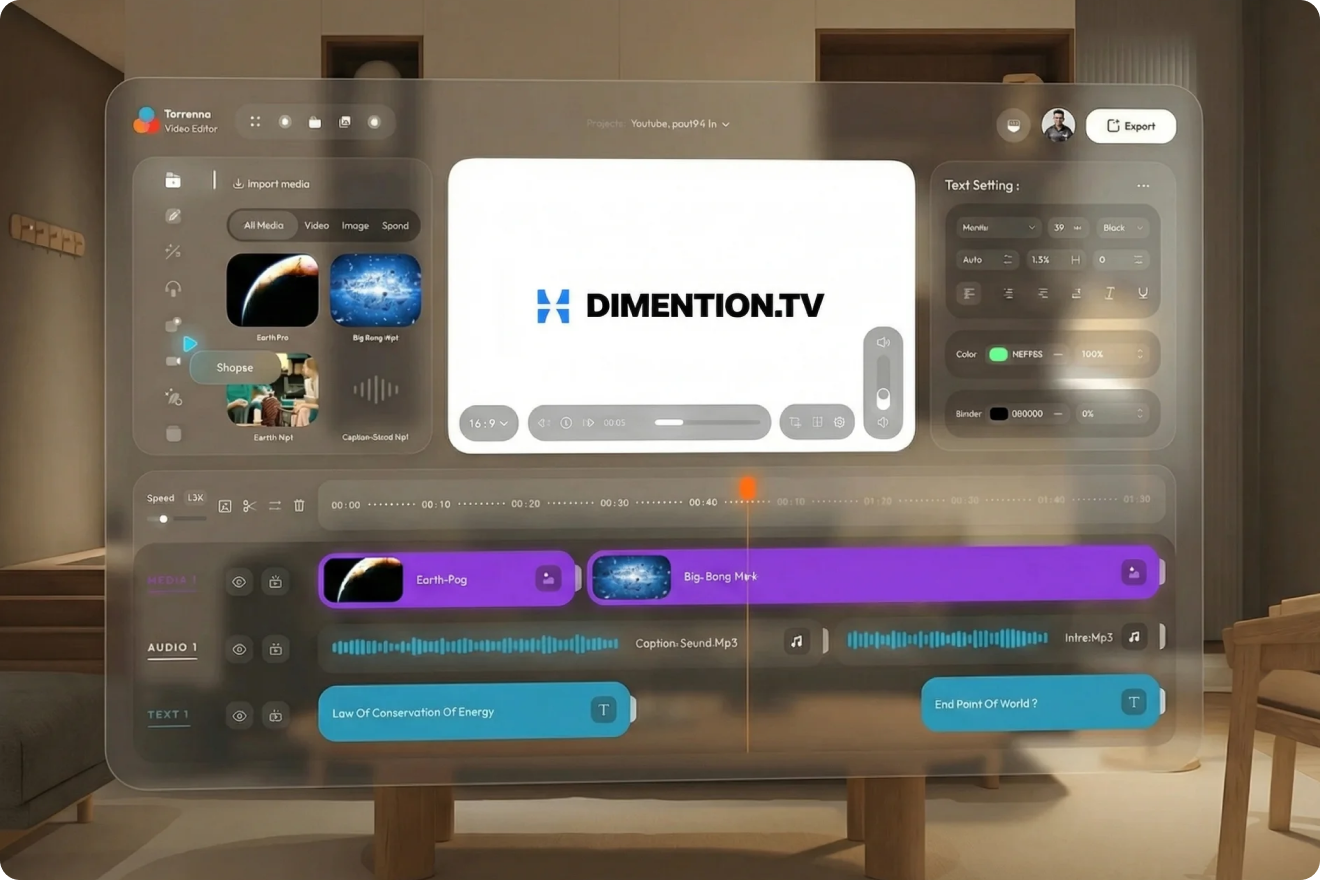 A retro-style TV with colorful test pattern displays "Dimention.TV" on screen. Text reads "News about DimentionTV" on dark background. Tone is modern and techy.