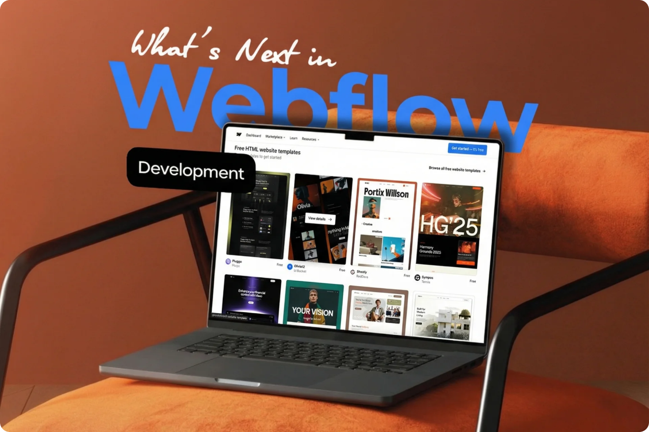 3D illustration of a globe with a microchip and an upward arrow, symbolizing tech growth. Text reads "Top WebFlow Development Trends for High-Performing Websites."