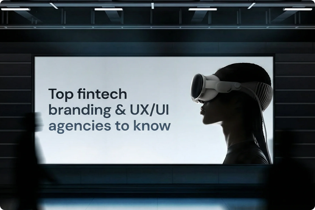 A futuristic cube with circular designs floats over water, surrounded by abstract spheres and trees. Text reads: "Top Fintech Branding & UX/UI Agencies: Find The Right Design Partner."