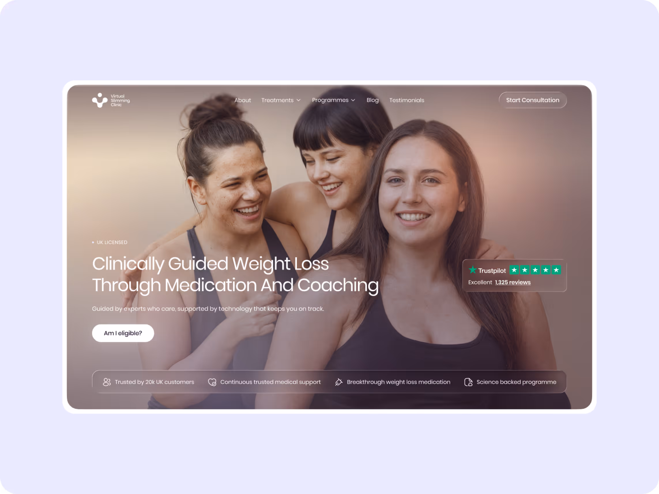 Three women smiling, conveying camaraderie and positivity, against a light brown background. Text promotes clinically guided weight loss with high Trustpilot rating.
