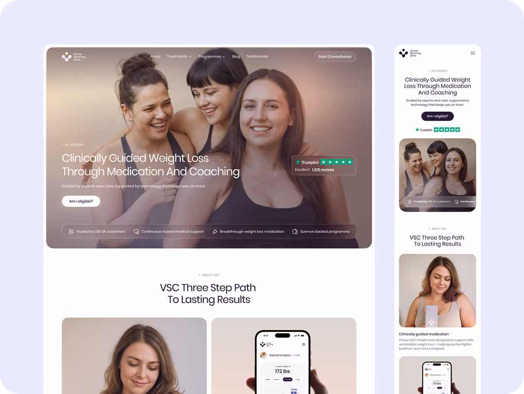 Website design for a weight loss coaching service featuring three smiling women, highlighting text about clinical guidance and medication. Trustpilot rating shown. The page includes a section titled 'VSC Three Step Path To Lasting Results' with additional 