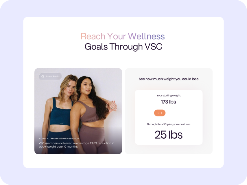 Two women in athletic wear promote wellness goals through VSC. On the right, a graphic shows a starting weight of 173 lbs and a potential loss of 25 lbs, highlighting a successful weight loss plan.