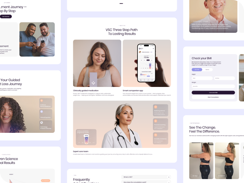 A collage showcasing a weight loss program. Central image of a woman with a supplement, alongside a phone app. Includes before-and-after photos, a smiling doctor, and BMI calculator.